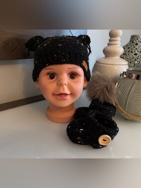 Kids Black Knit Pom Beanie and booties Set
